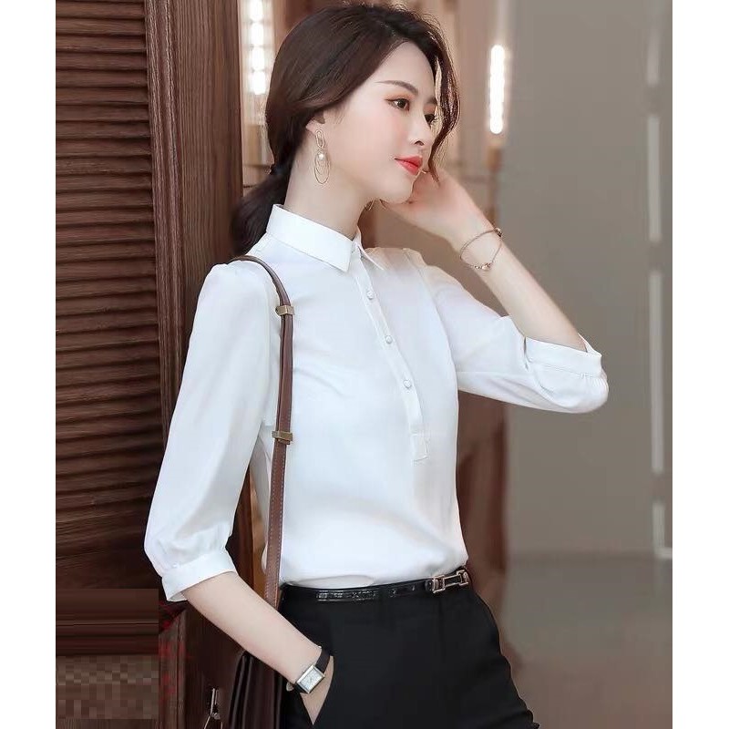 Mẫu áo sơ mi nữ tay lỡ Hàn Quốc màu trắng Basic