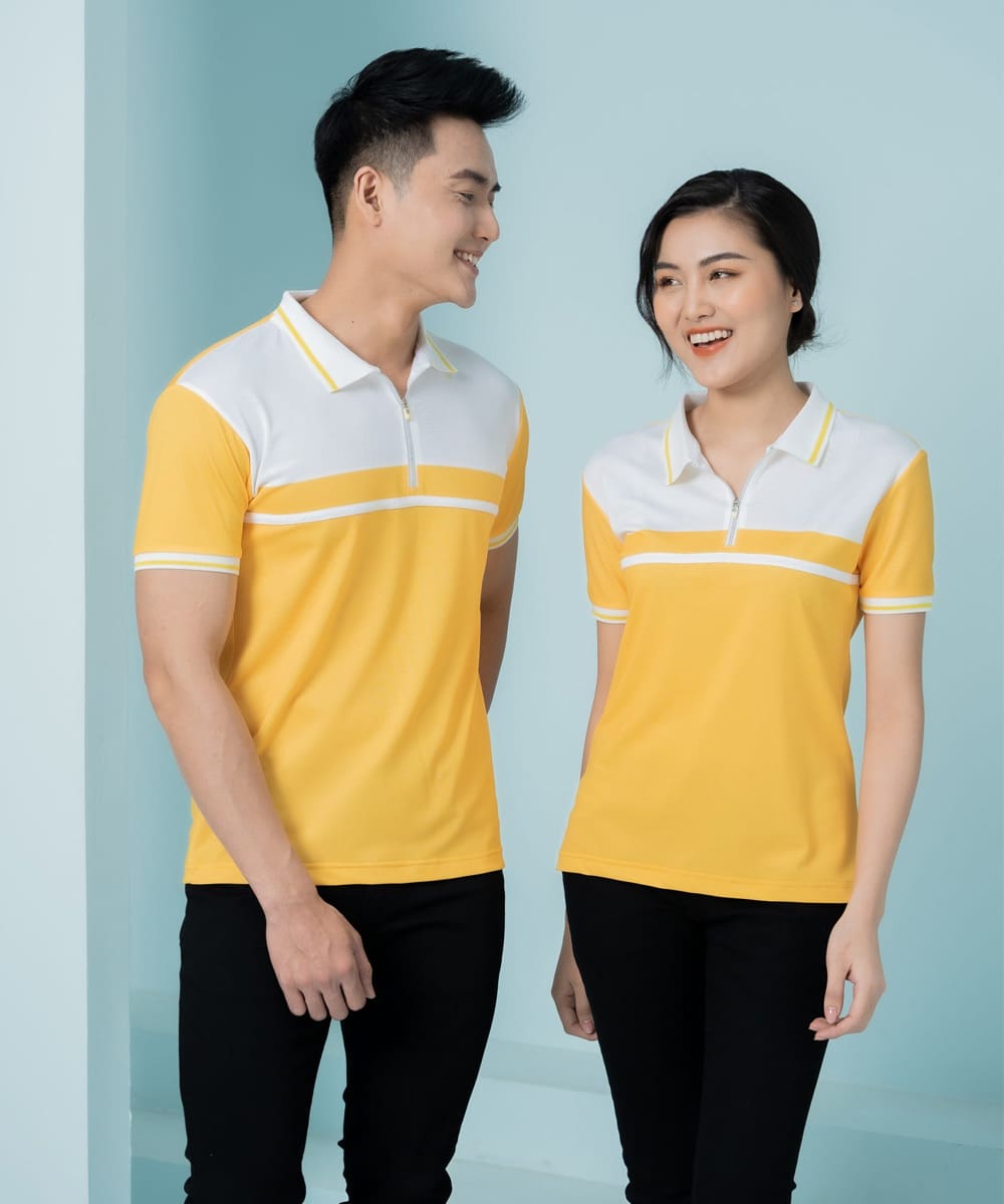 Mẫu áo thun đồng phục màu vàng kết hợp màu trắng