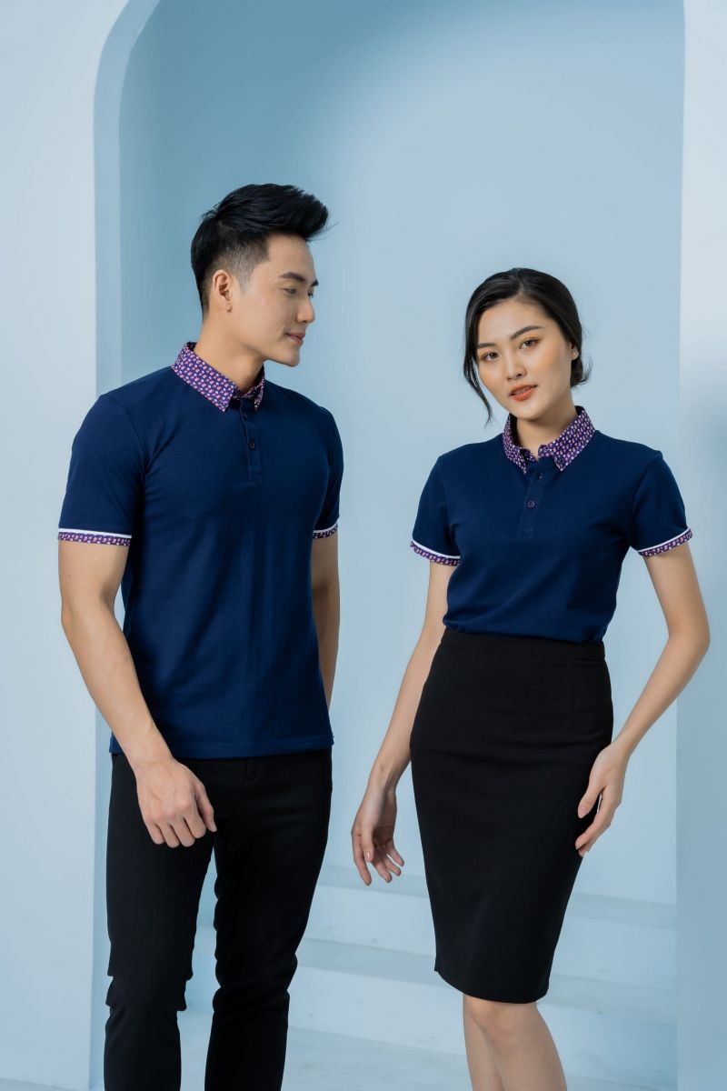 Áo thun đồng phục màu xanh cổ bẻ