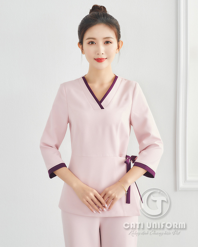 Mẫu áo đồng phục spa cổ chữ V