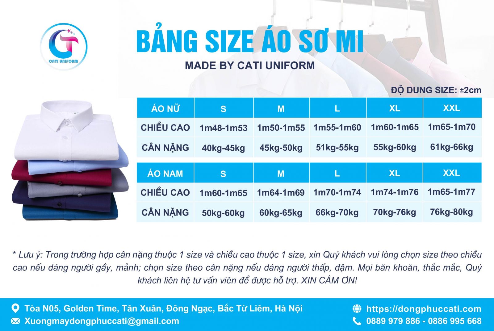 Bảng Size áo sơ mi công sở tại Đồng phục CATI